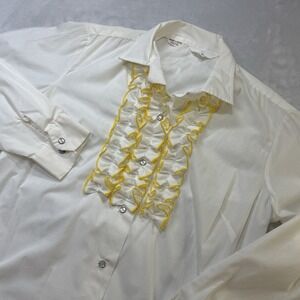 Vintage 70s Trail Ridge Western Ruffle‎ Blouse White Yellow Button Shirt